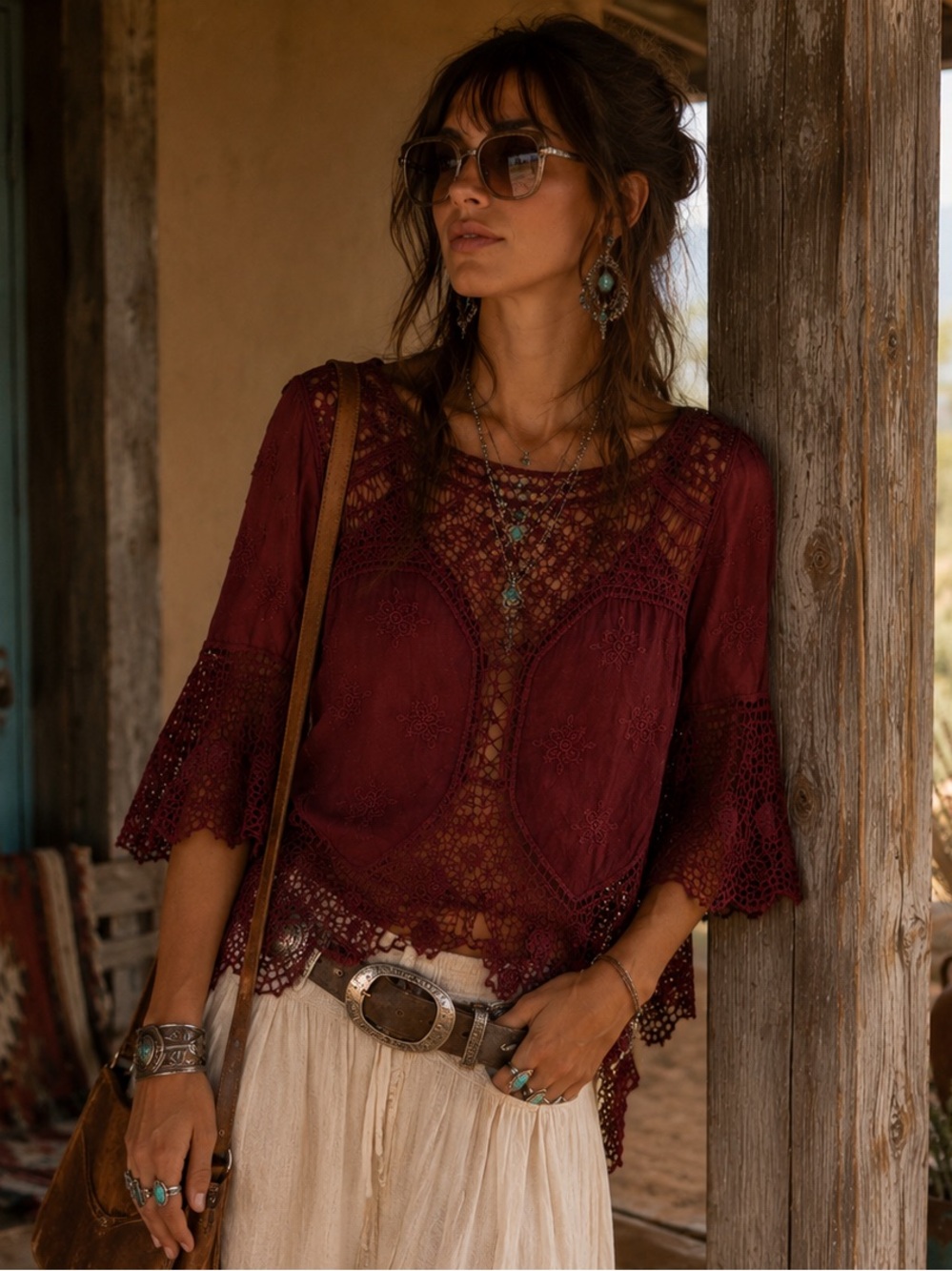 Democracy Burgandy Crochet Lace Top 3/4 Bell Sleeves